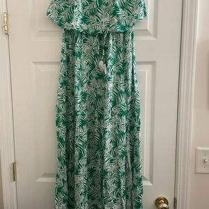 Green Leaf Tropical Print Strapless Maxi Dress